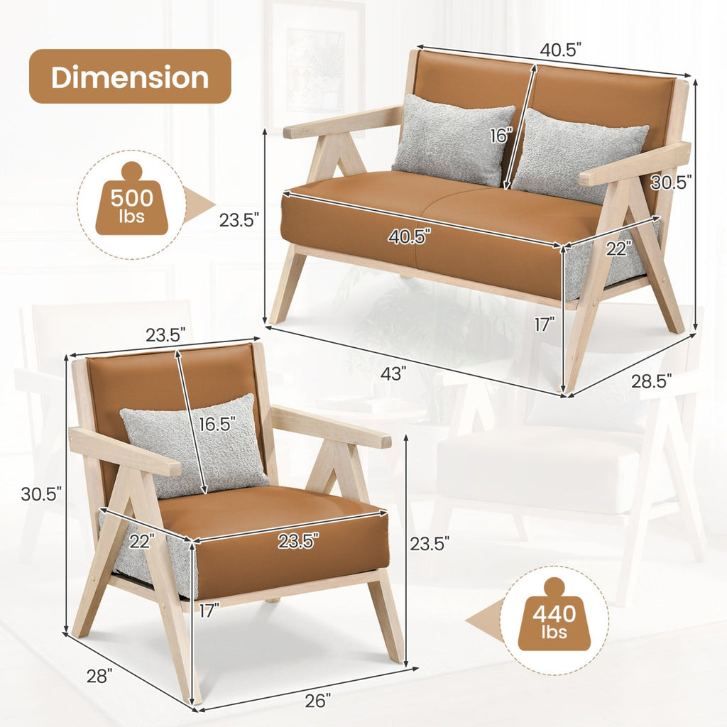 2 Pieces Living Room Furniture Set with Rubber Wood Frame