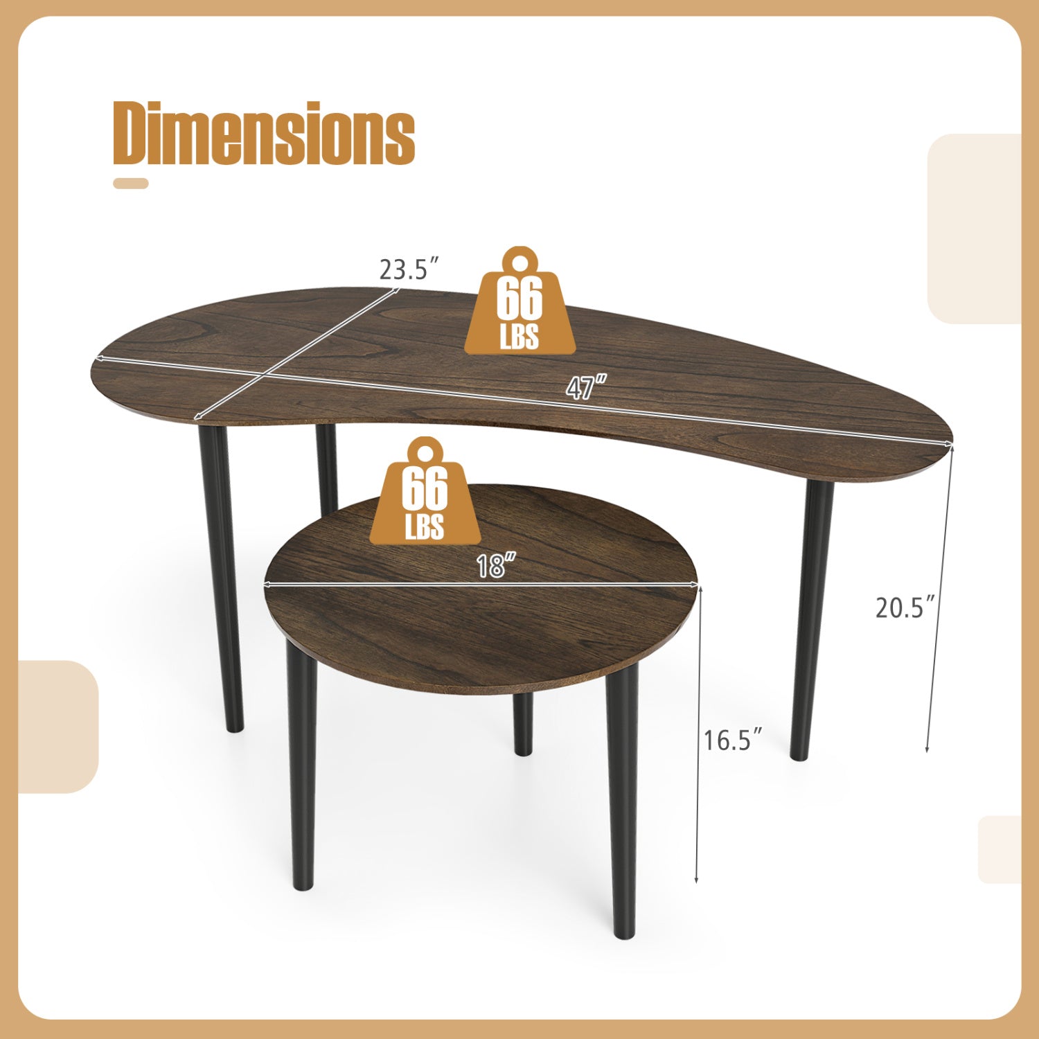 2 Pieces Mid Century Nesting Tables with Rubber Wood Legs-Walnut