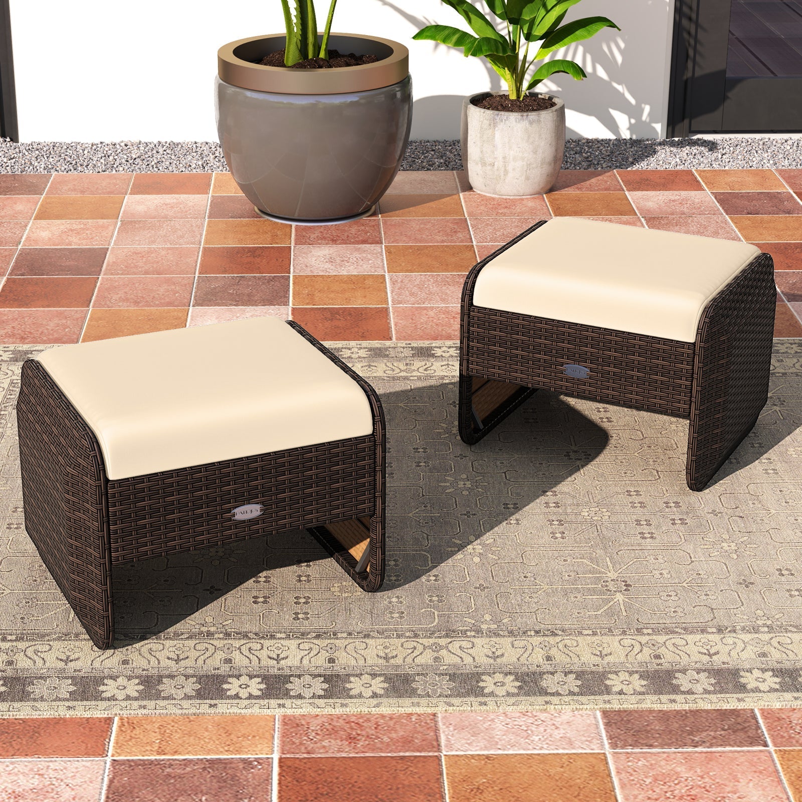 2 Pieces Outdoor Patio PE Wicker Ottomans with Removable Cushions