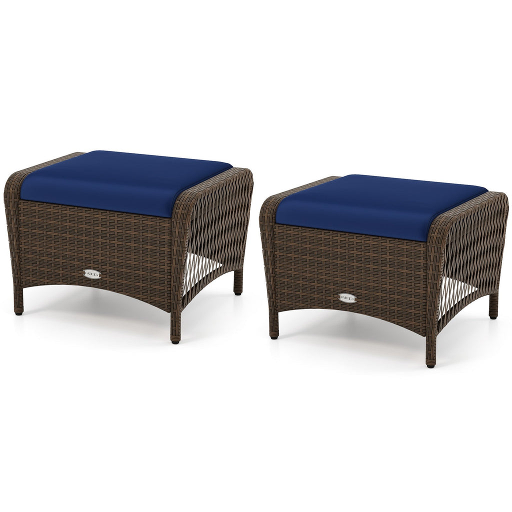 Set of 2 Outdoor Patio PE Wicker Ottomans with Removable Cushions