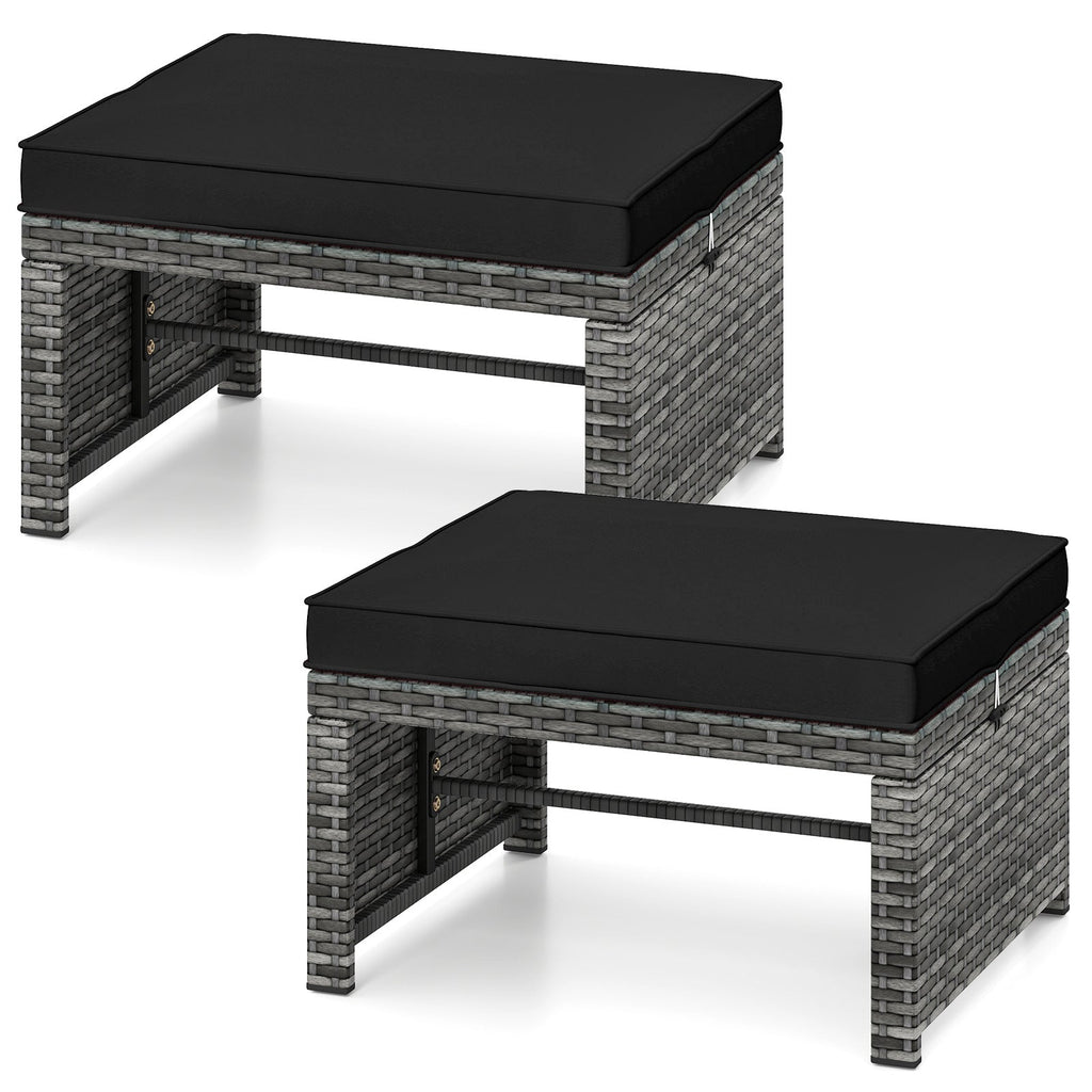 2 Pieces Patio PE Rattan Ottomans with Soft Zippered Cushions for Deck