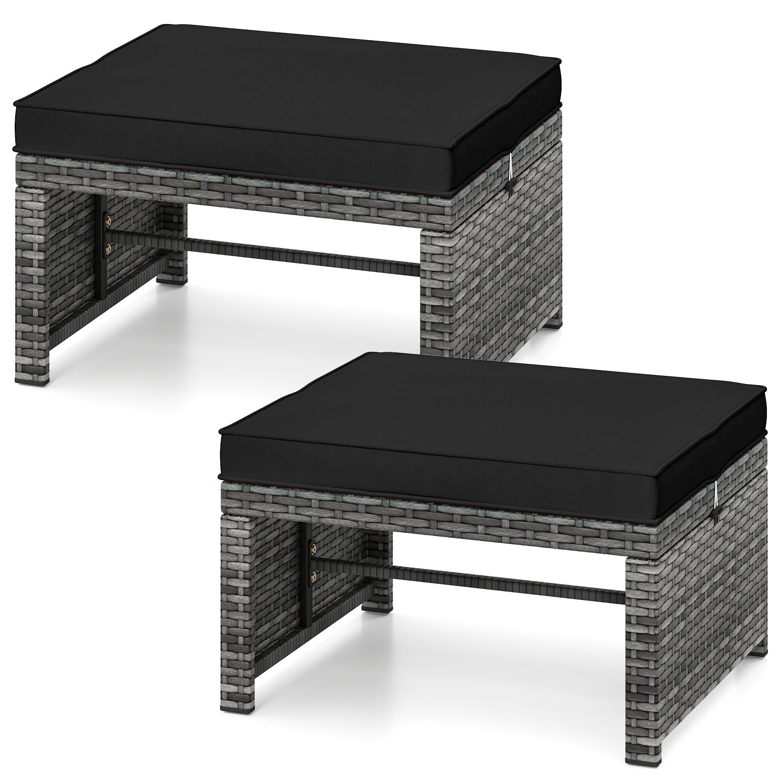 2 Pieces Patio PE Rattan Ottomans with Soft Zippered Cushions for Deck