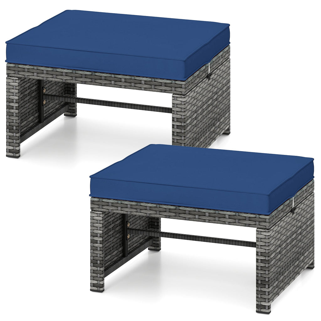 2 Pieces Patio PE Rattan Ottomans with Soft Zippered Cushions for Deck