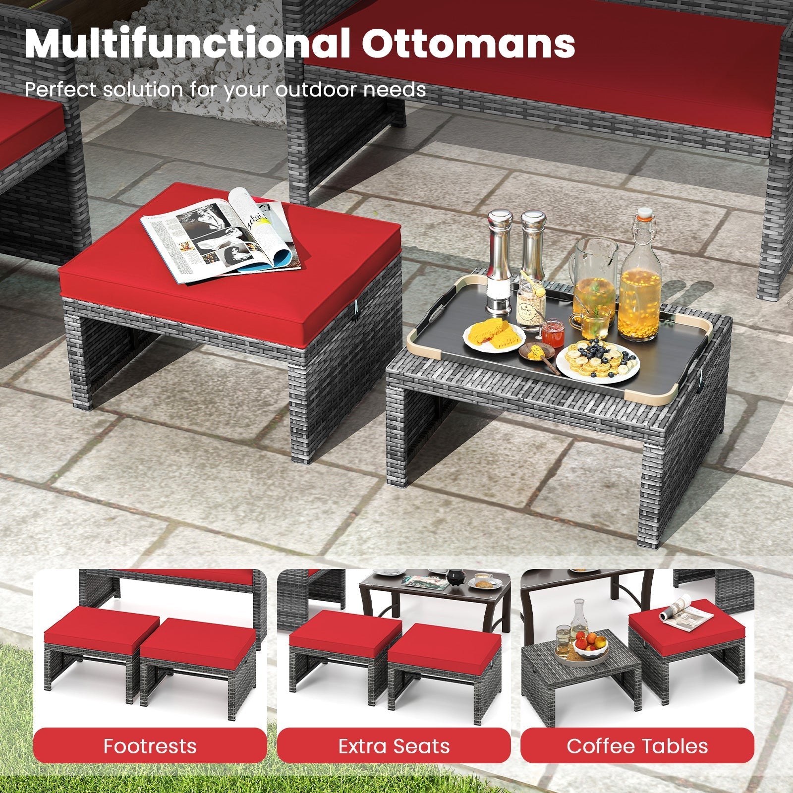 2 Pieces Patio PE Rattan Ottomans with Soft Zippered Cushions for Deck