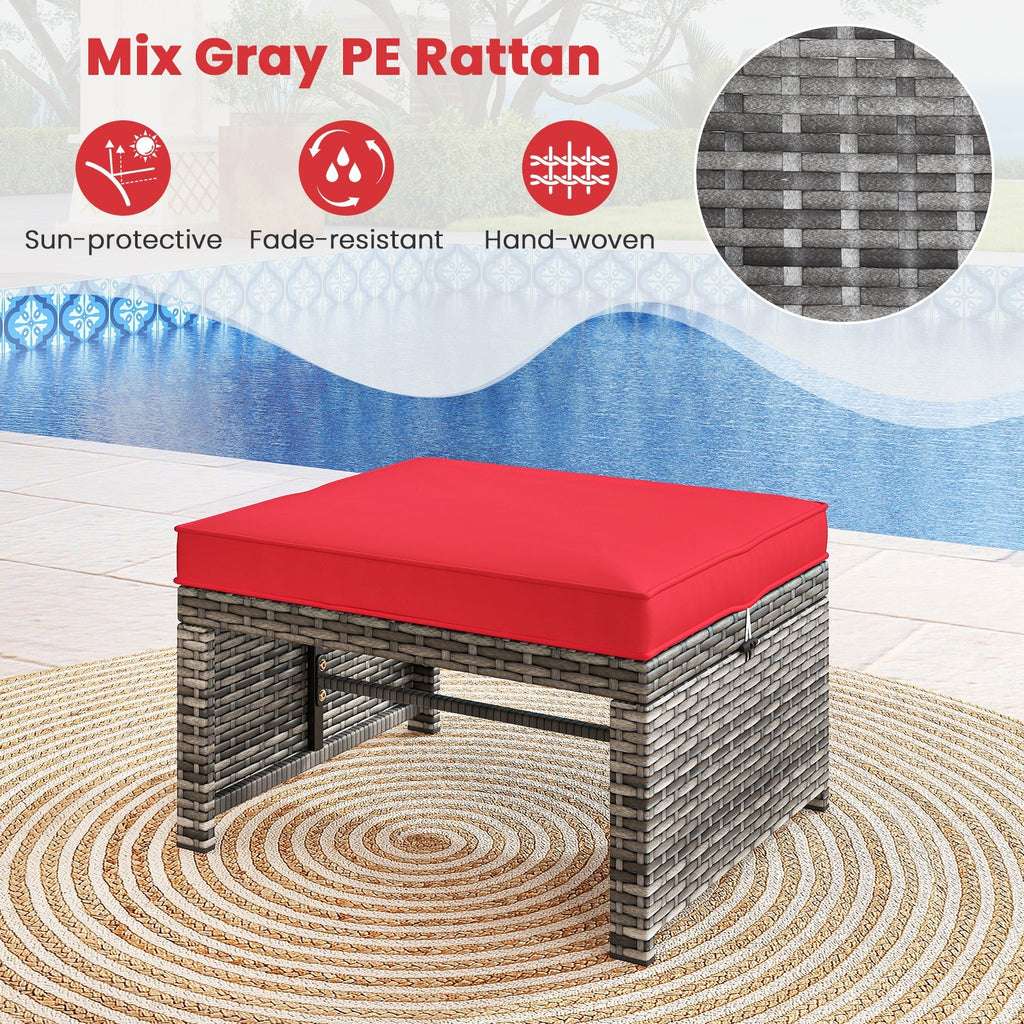 2 Pieces Patio PE Rattan Ottomans with Soft Zippered Cushions for Deck