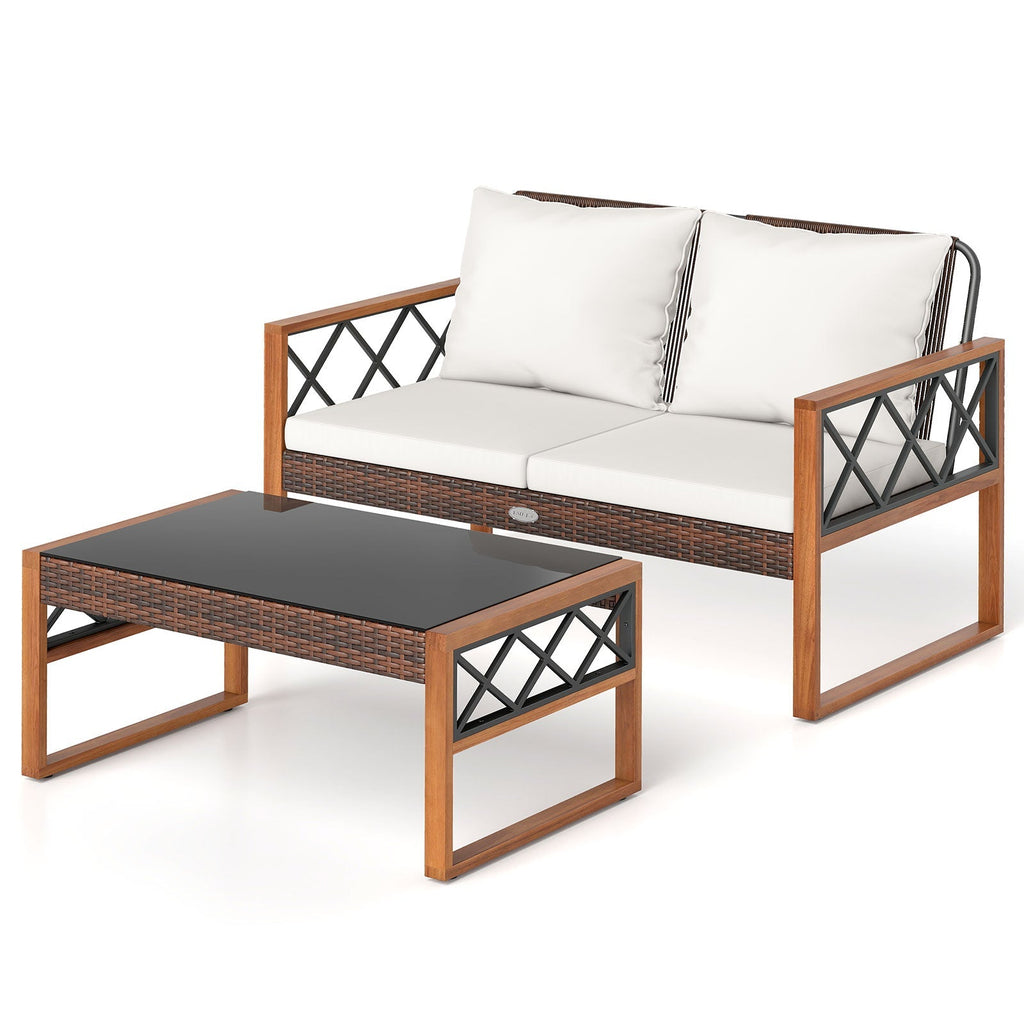 2 Pieces Patio PE Wicker Furniture Set Outside Conversation Set for Porch-White