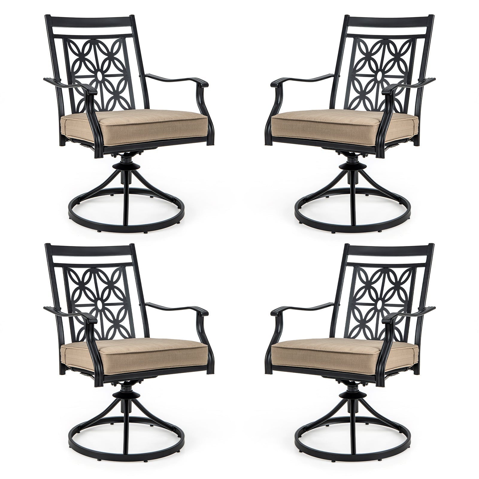 2 Pieces Patio Swivel Chairs with Blossom Pattern Backrest and Cushions-Black