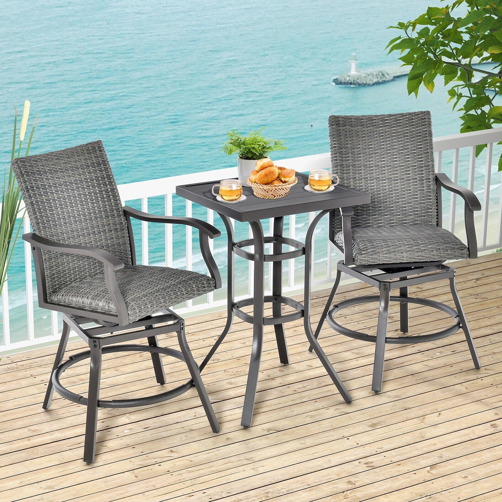 2 Pieces Patio Swivel Bar Chair Set with Quick Dry 4D Air Fiber Cushion