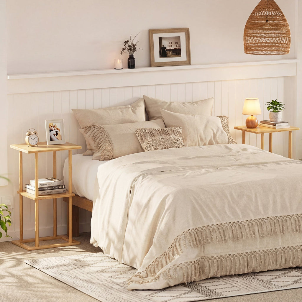2 Pieces Side Table with Storage Shelves and Bamboo Construction-Natural