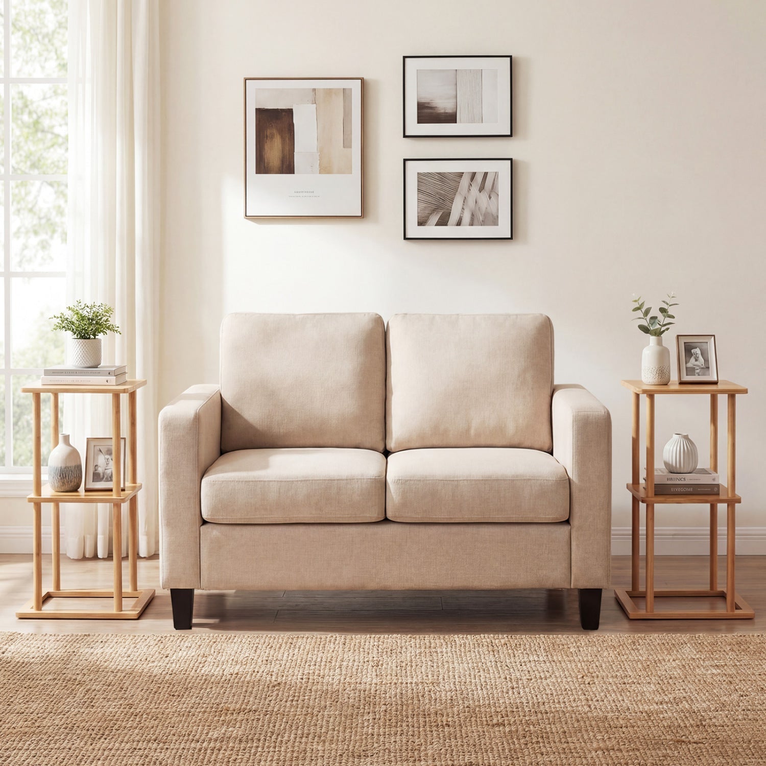 2 Pieces Side Table with Storage Shelves and Bamboo Construction-Natural