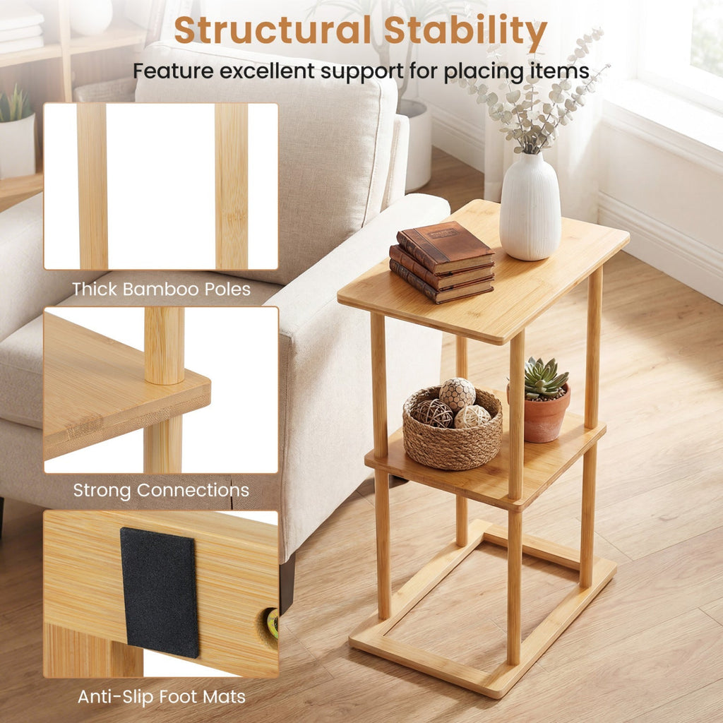 2 Pieces Side Table with Storage Shelves and Bamboo Construction-Natural