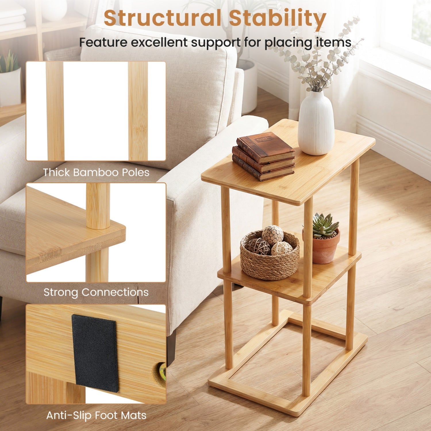 2 Pieces Side Table with Storage Shelves and Bamboo Construction-Natural