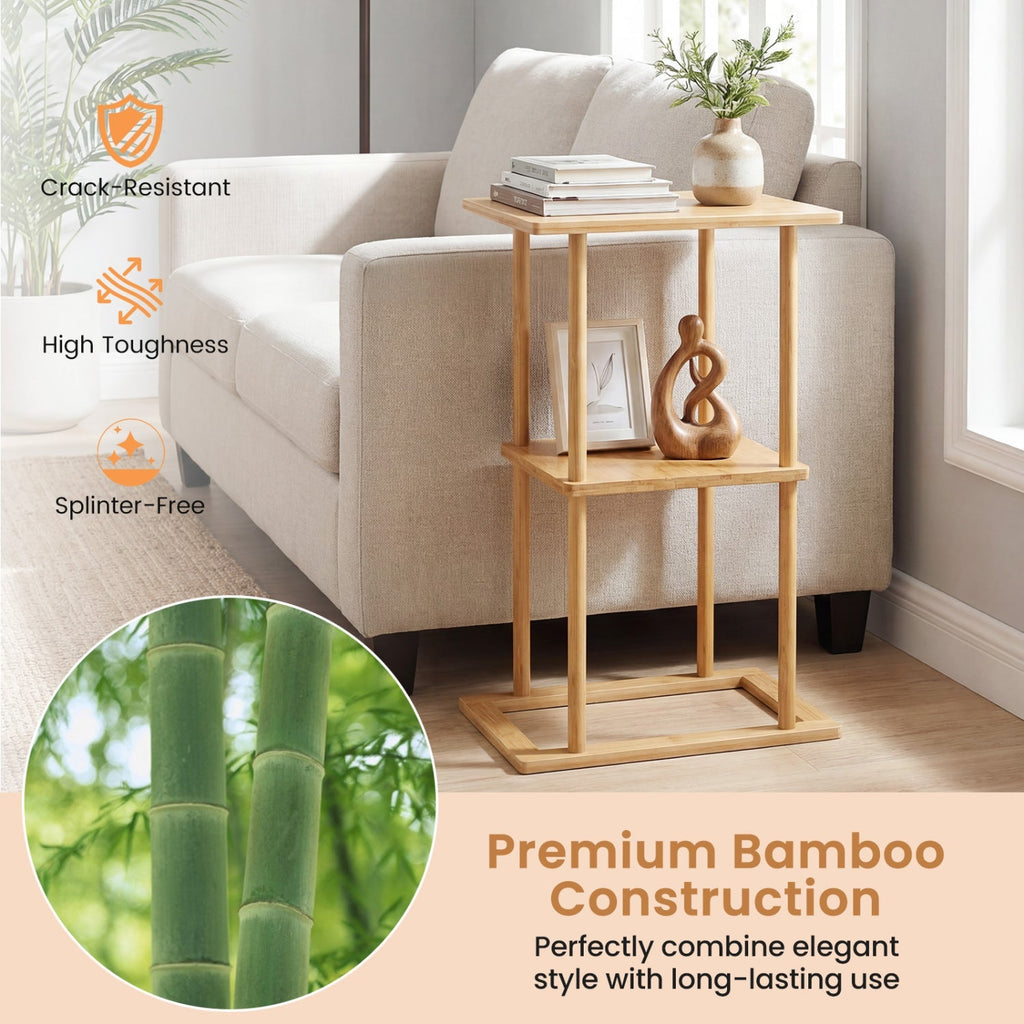 2 Pieces Side Table with Storage Shelves and Bamboo Construction-Natural
