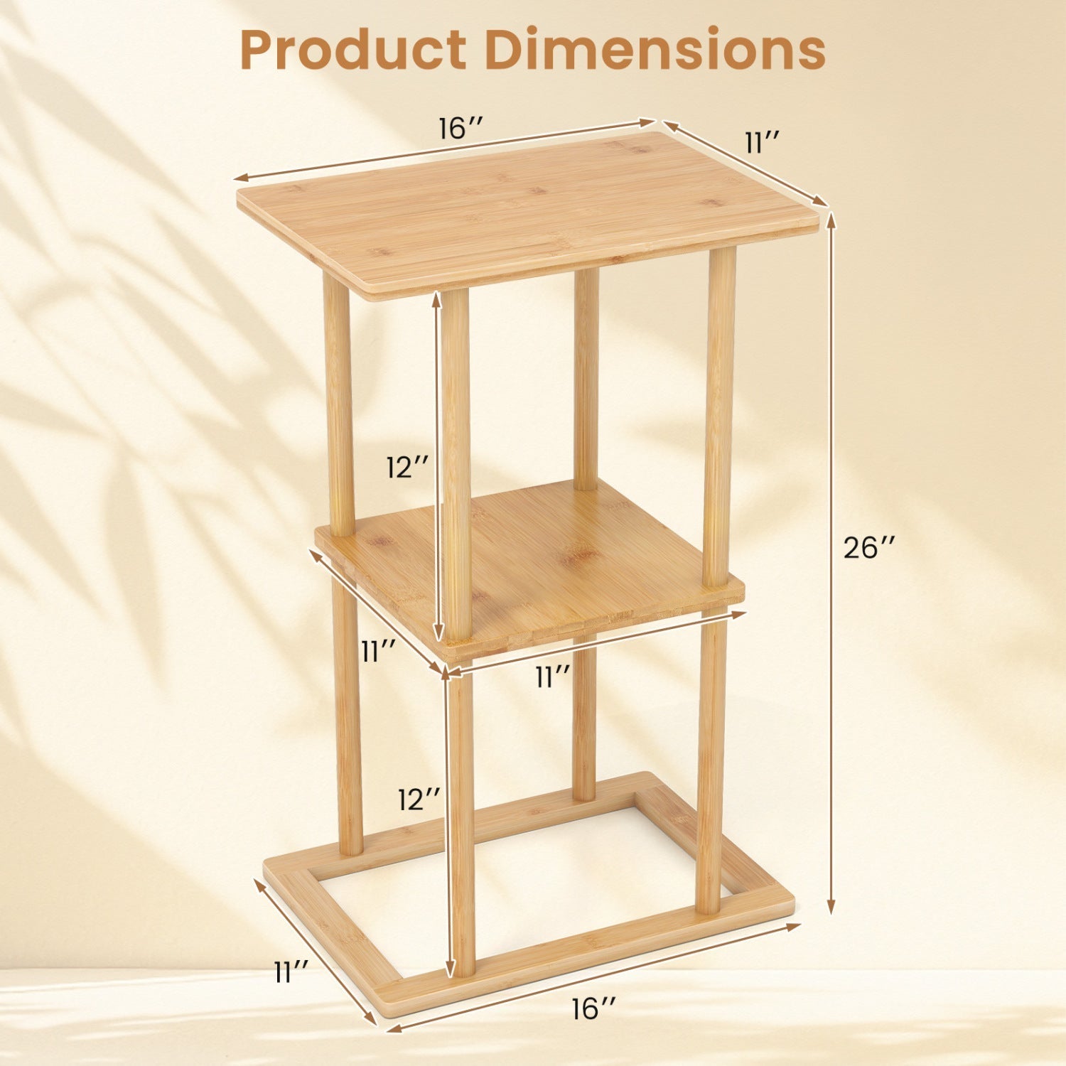 2 Pieces Side Table with Storage Shelves and Bamboo Construction-Natural