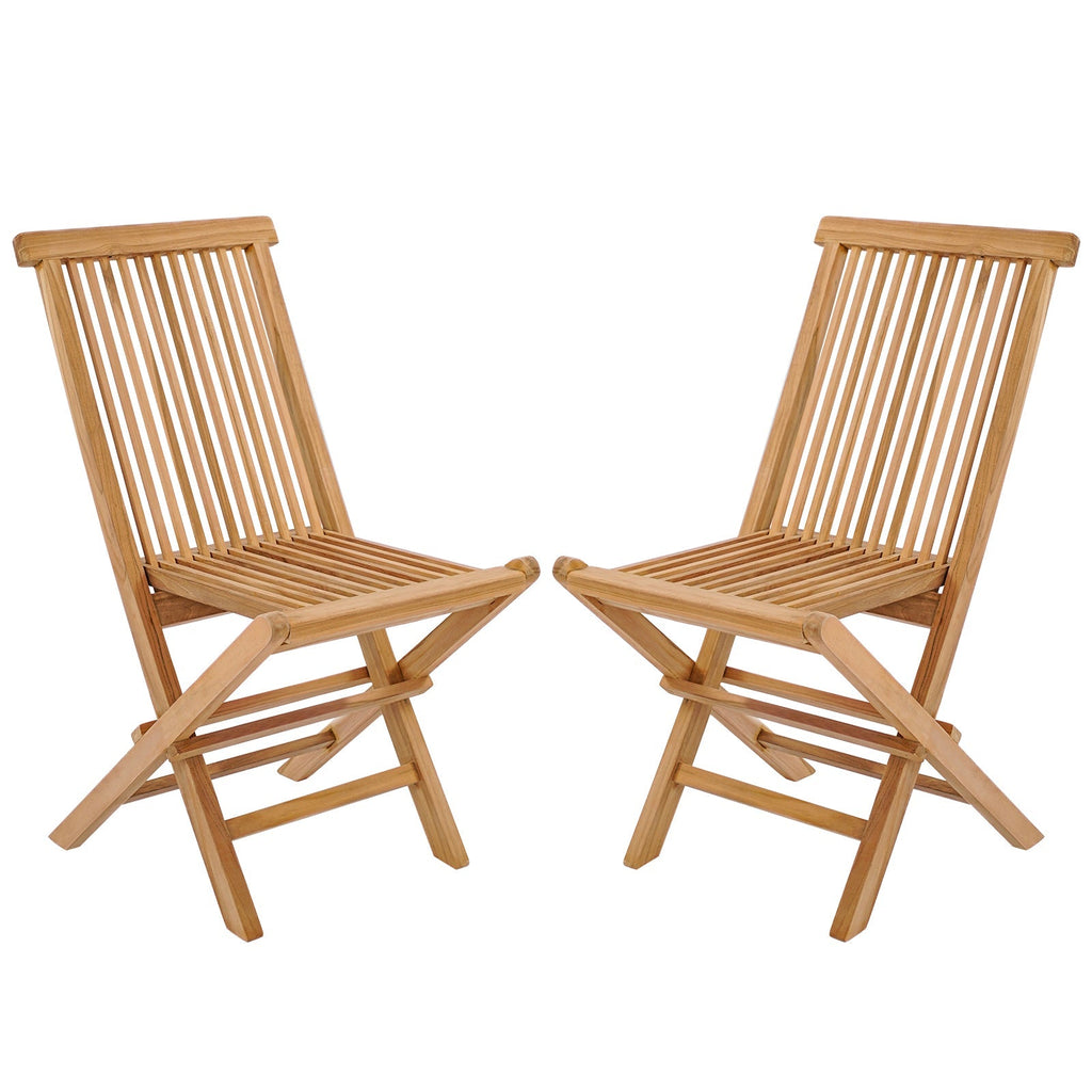 Set of 2 Indonesia Teak Patio Folding Chairs with High Back and Slatted Seat