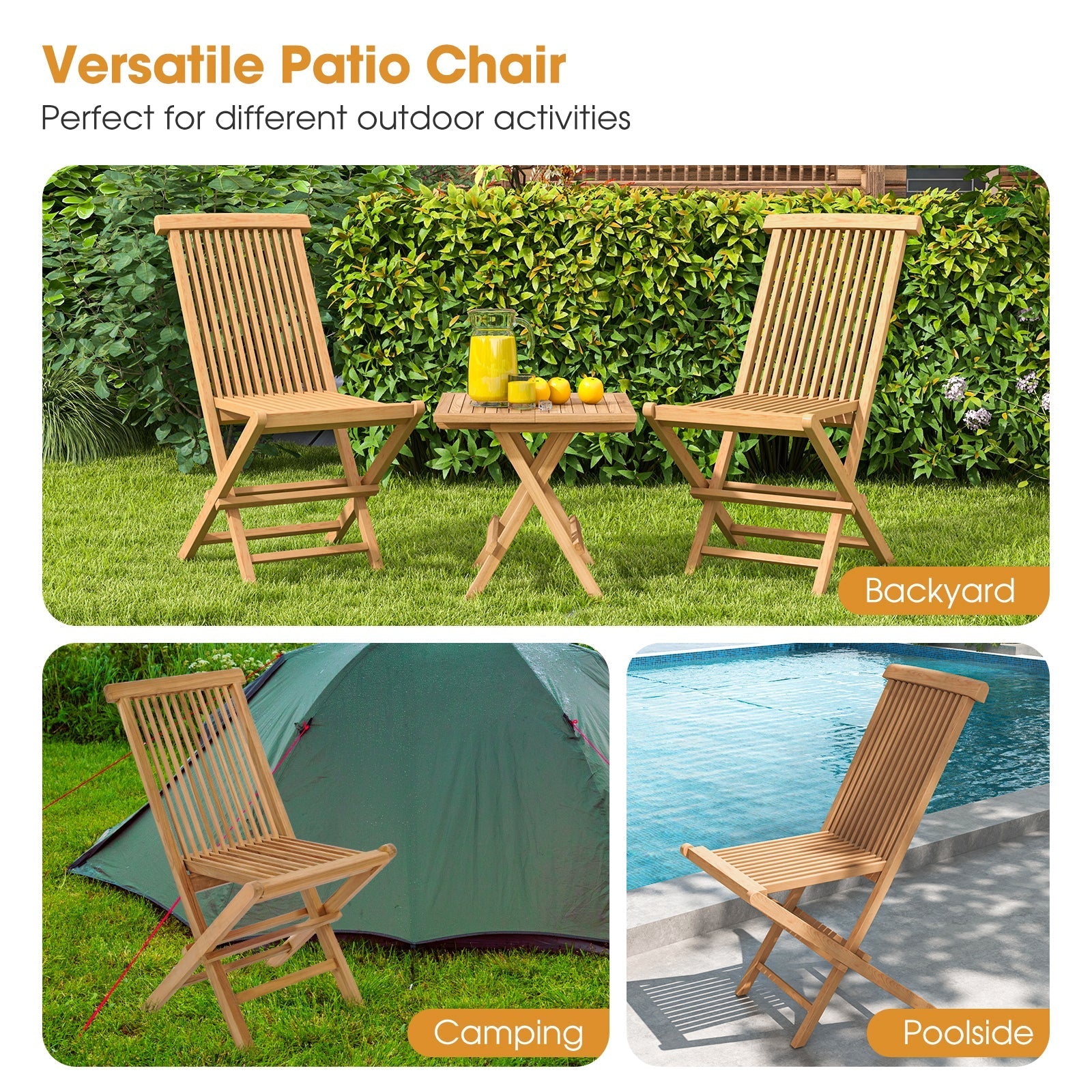 Set of 2 Indonesia Teak Patio Folding Chairs with High Back and Slatted Seat