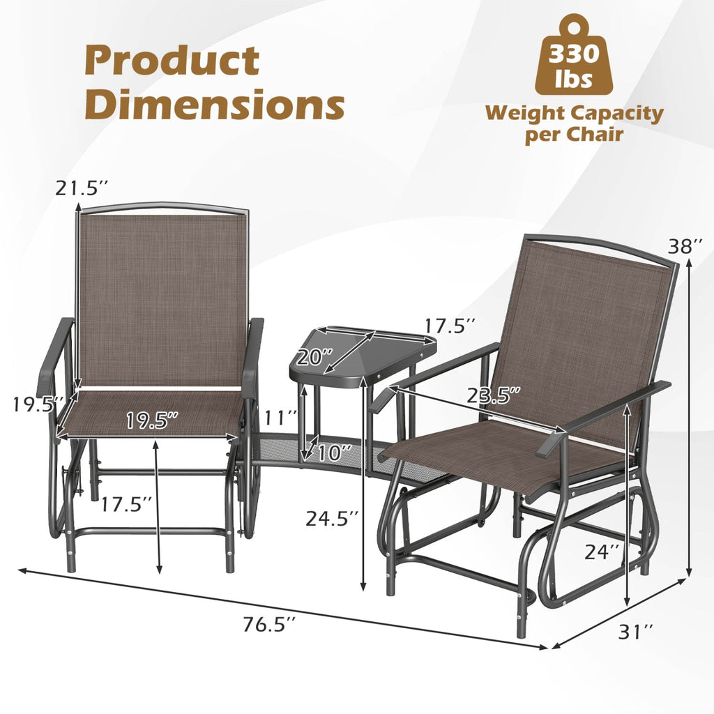 2-Seater Outdoor Glider Bench with Center Table