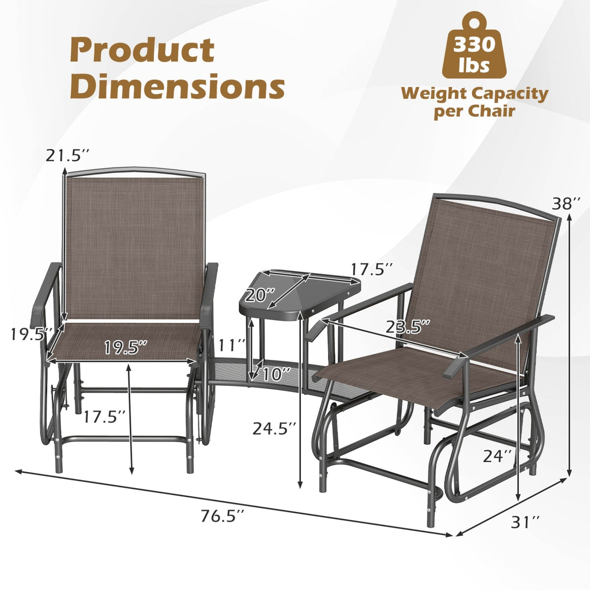 2-Seater Outdoor Glider Bench with Center Table