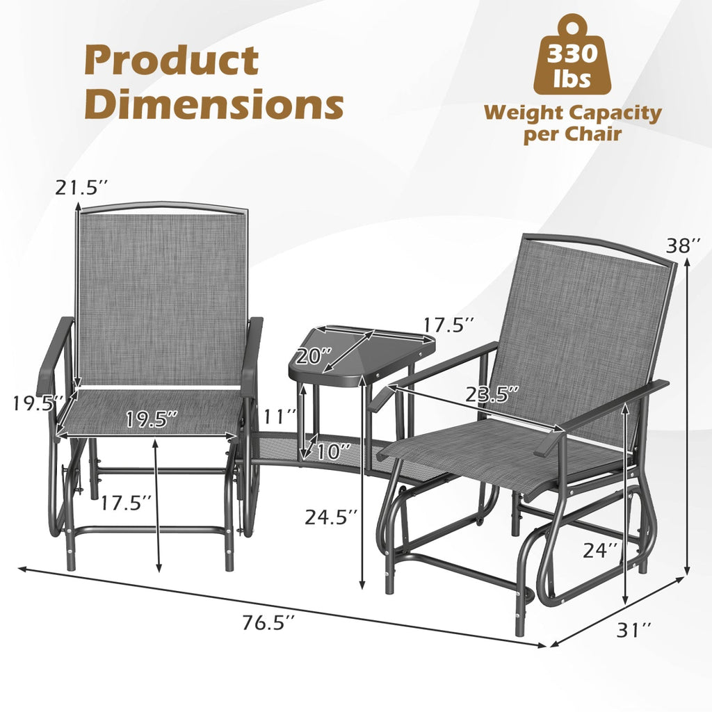 2-Seater Outdoor Glider Bench with Center Table