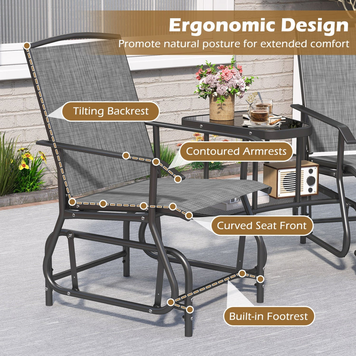 2-Seater Outdoor Glider Bench with Center Table