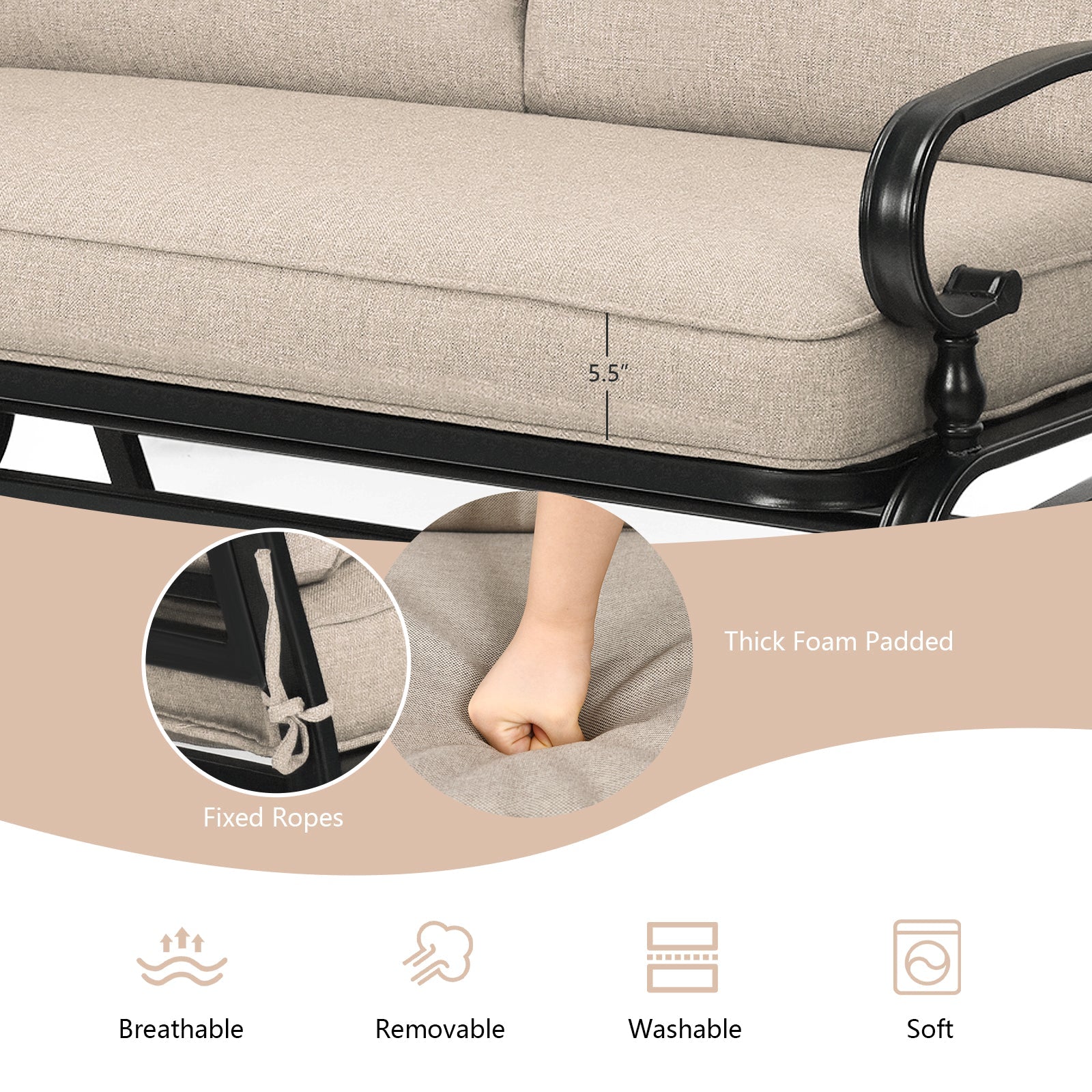 2 Seats Outdoor Swing Glider Chair with C