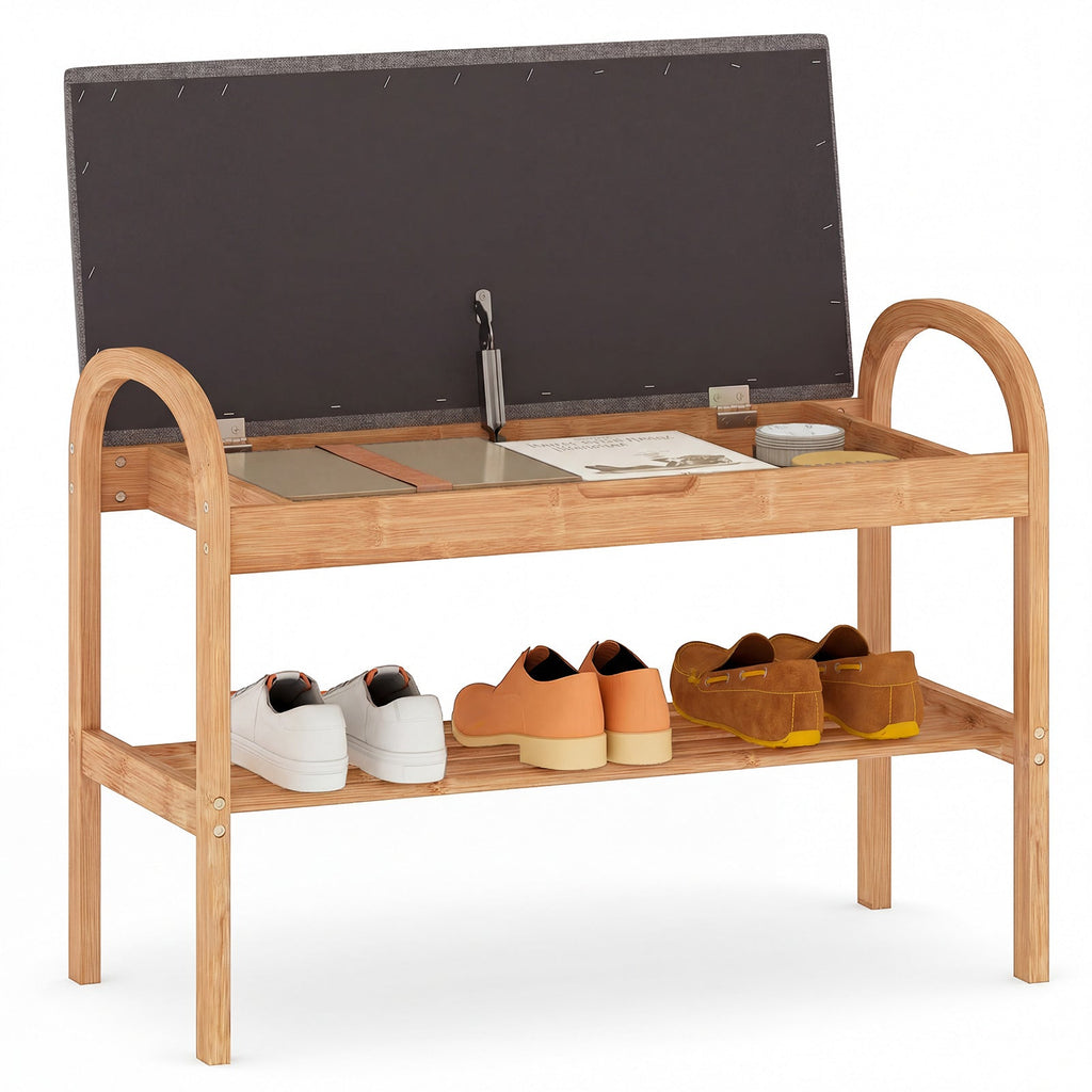 2-Tier Bamboo Shoe Bench with Storage and Padded Cushion-Gray