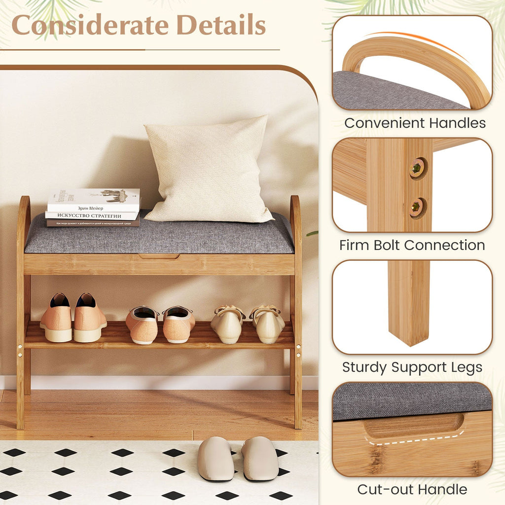 2-Tier Bamboo Shoe Bench with Storage and Padded Cushion-Gray