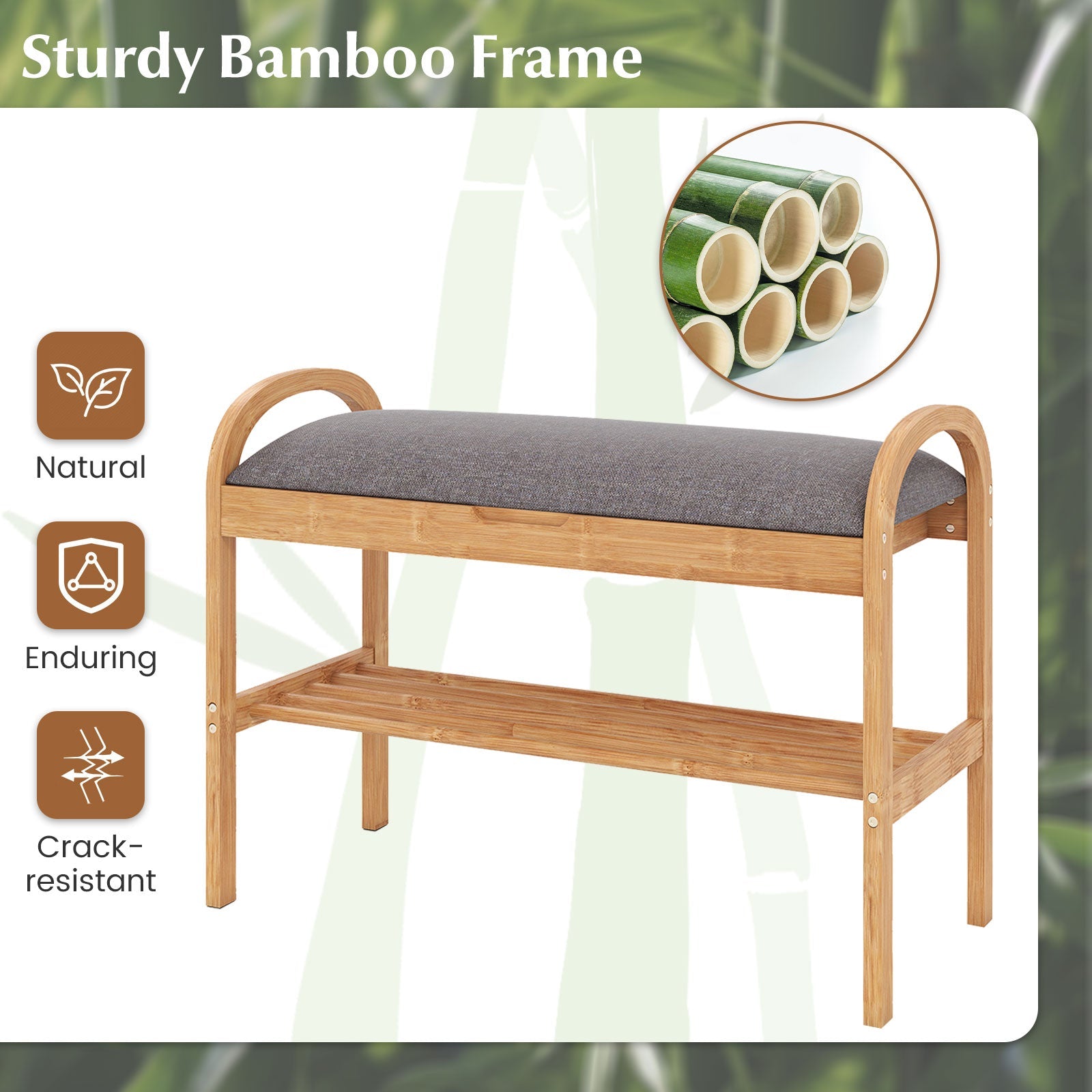 2-Tier Bamboo Shoe Bench with Storage and Padded Cushion-Gray