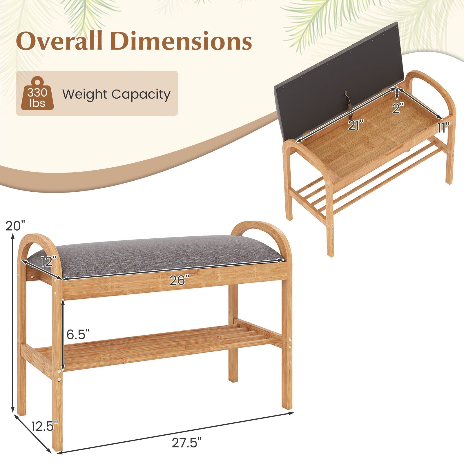 2-Tier Bamboo Shoe Bench with Storage and Padded Cushion-Gray