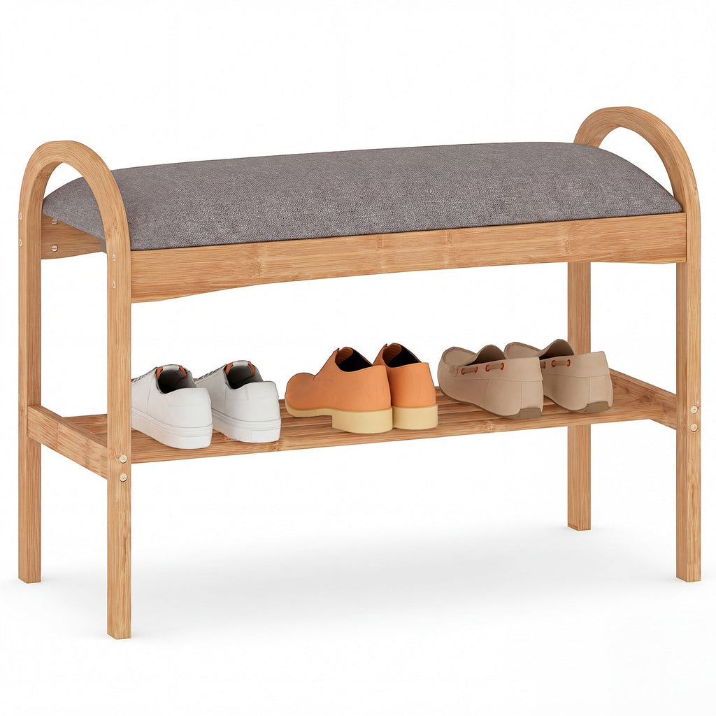 2-Tier Bamboo Shoe Bench with Padded Cushion and Shelf-Gray