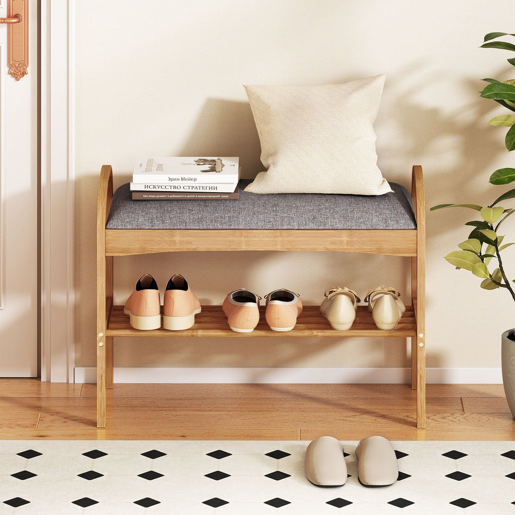 2-Tier Bamboo Shoe Bench with Padded Cushion and Shelf-Gray