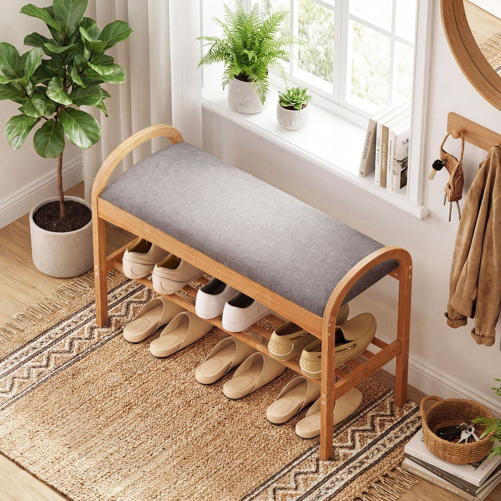 2-Tier Bamboo Shoe Bench with Padded Cushion and Shelf-Gray
