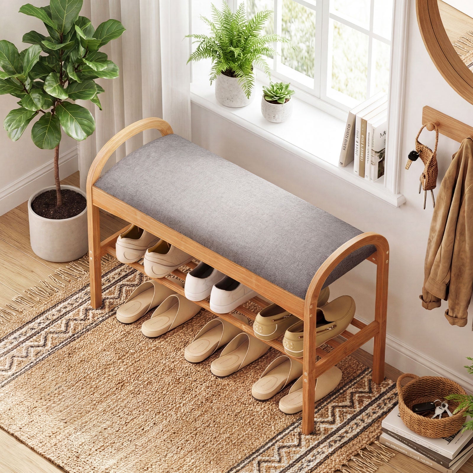 2-Tier Bamboo Shoe Bench with Padded Cushion and Shelf-Gray