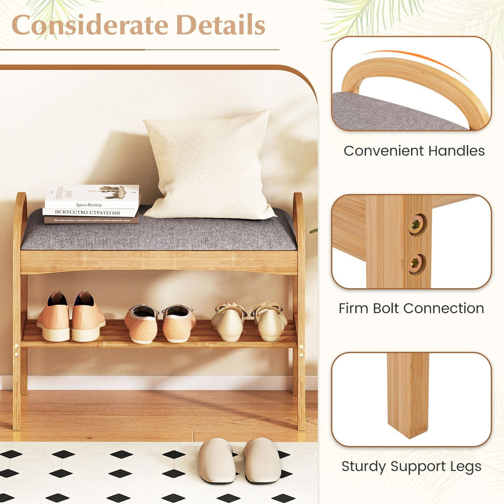 2-Tier Bamboo Shoe Bench with Padded Cushion and Shelf-Gray