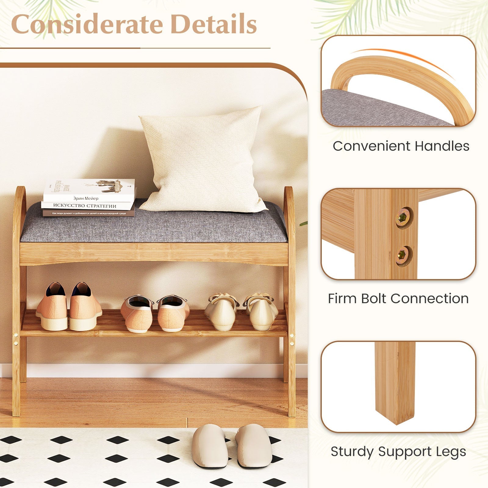 2-Tier Bamboo Shoe Bench with Padded Cushion and Shelf-Gray