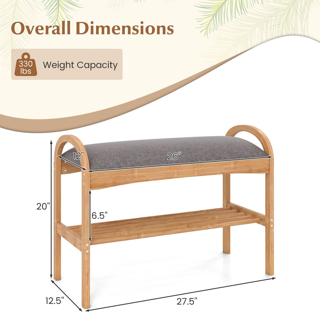 2-Tier Bamboo Shoe Bench with Padded Cushion and Shelf-Gray