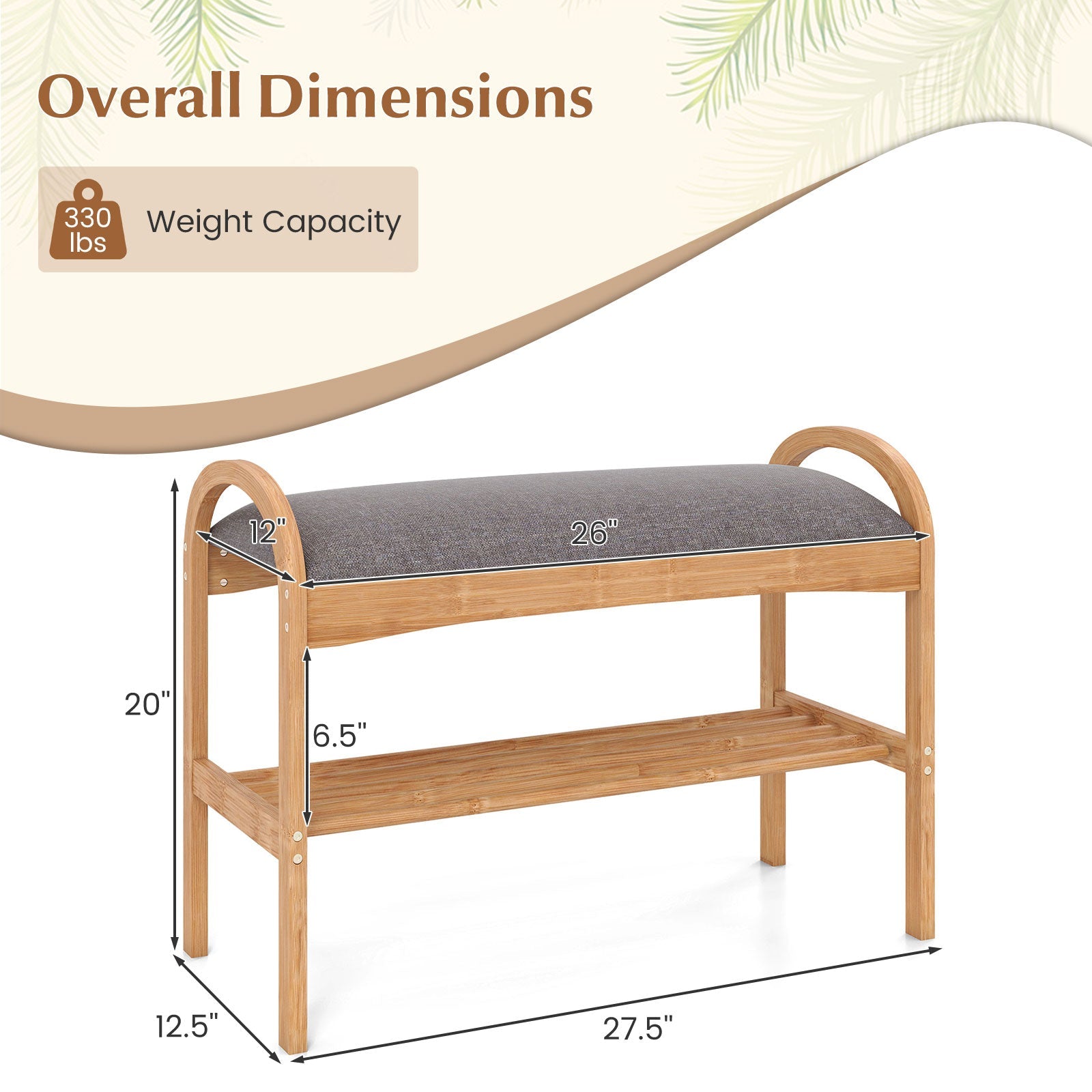 2-Tier Bamboo Shoe Bench with Padded Cushion and Shelf-Gray