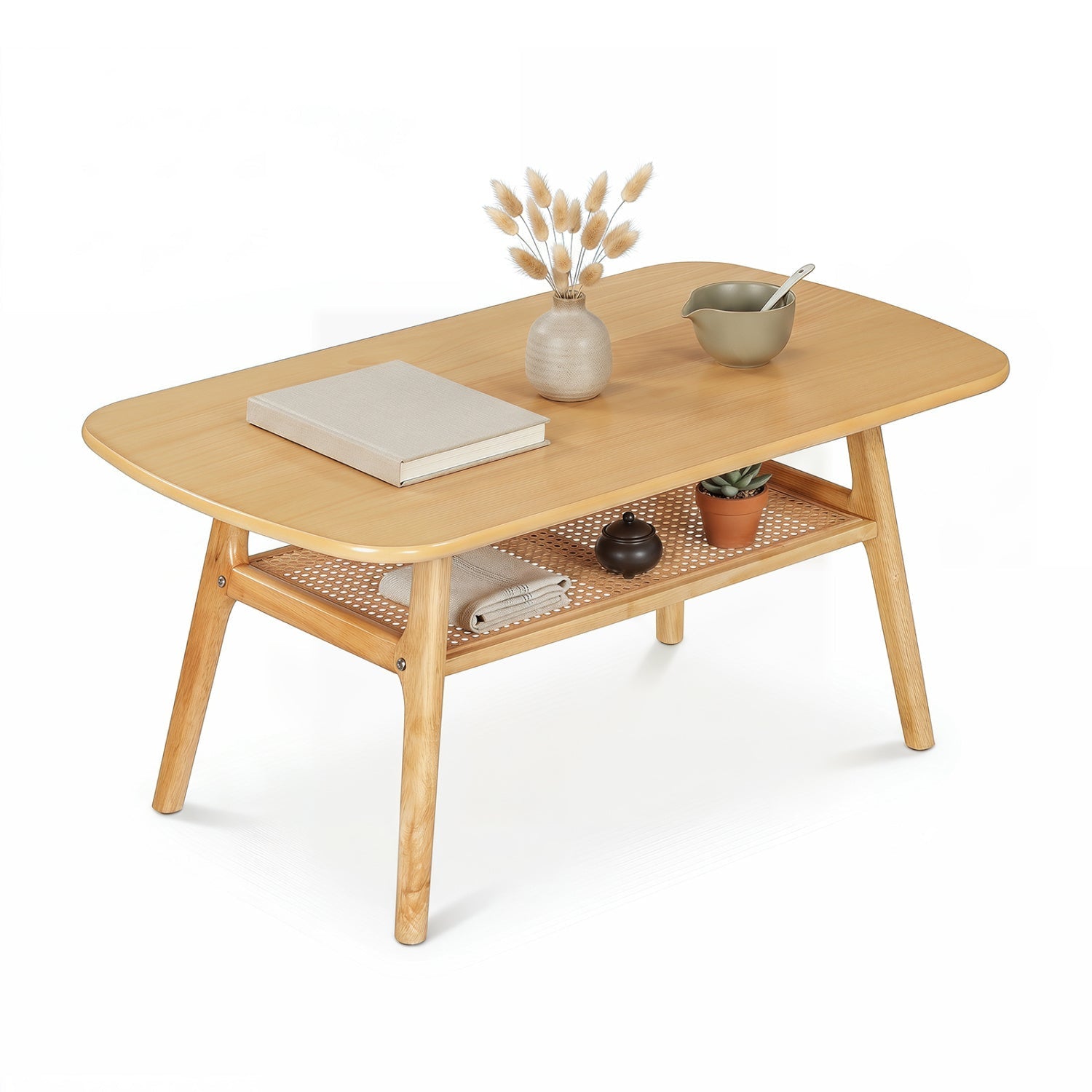 2-Tier Rattan Coffee Table with Rounded Corners