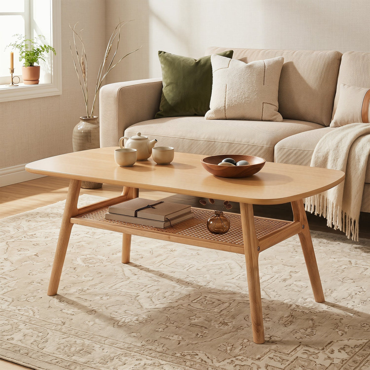 2-Tier Rattan Coffee Table with Rounded Corners
