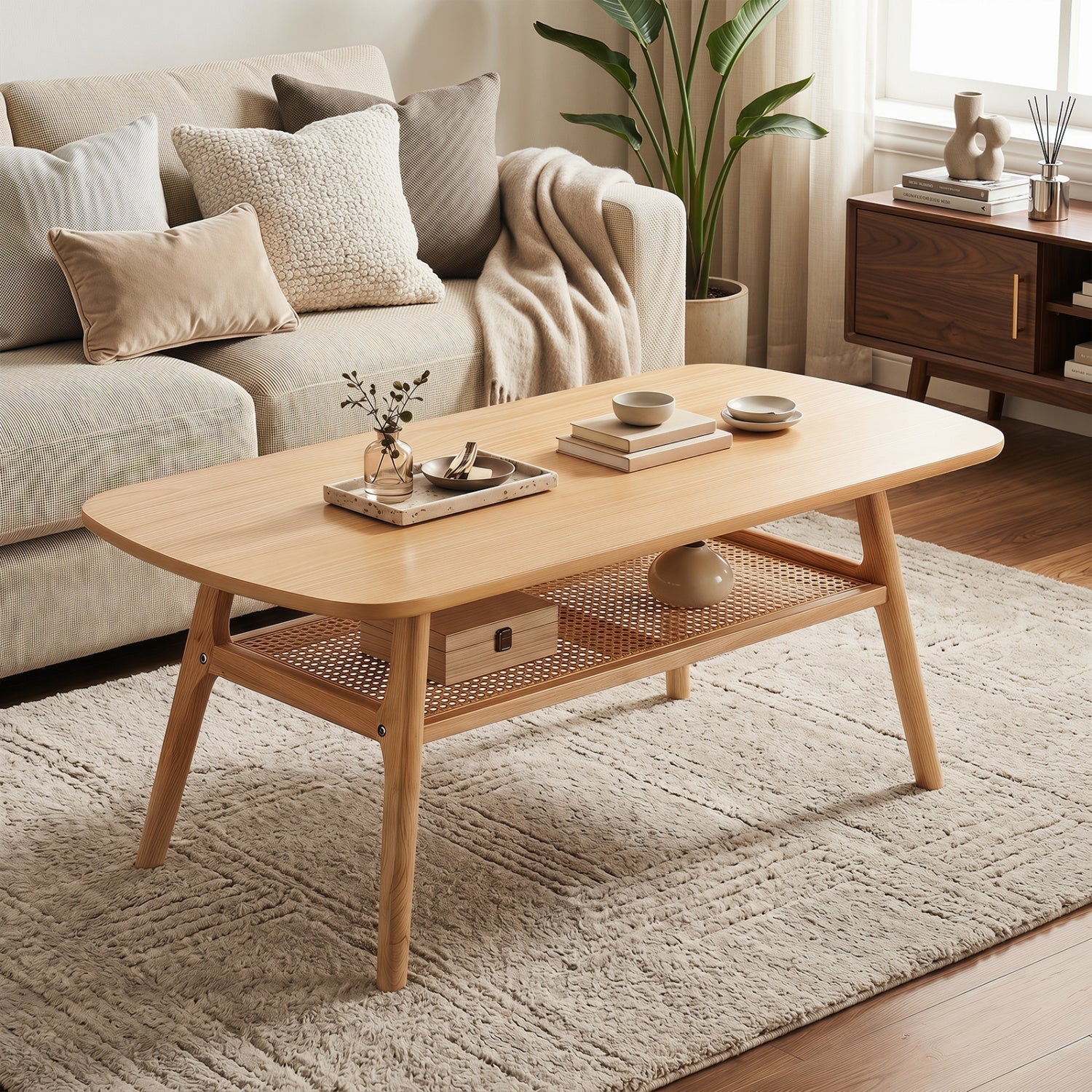2-Tier Rattan Coffee Table with Rounded Corners