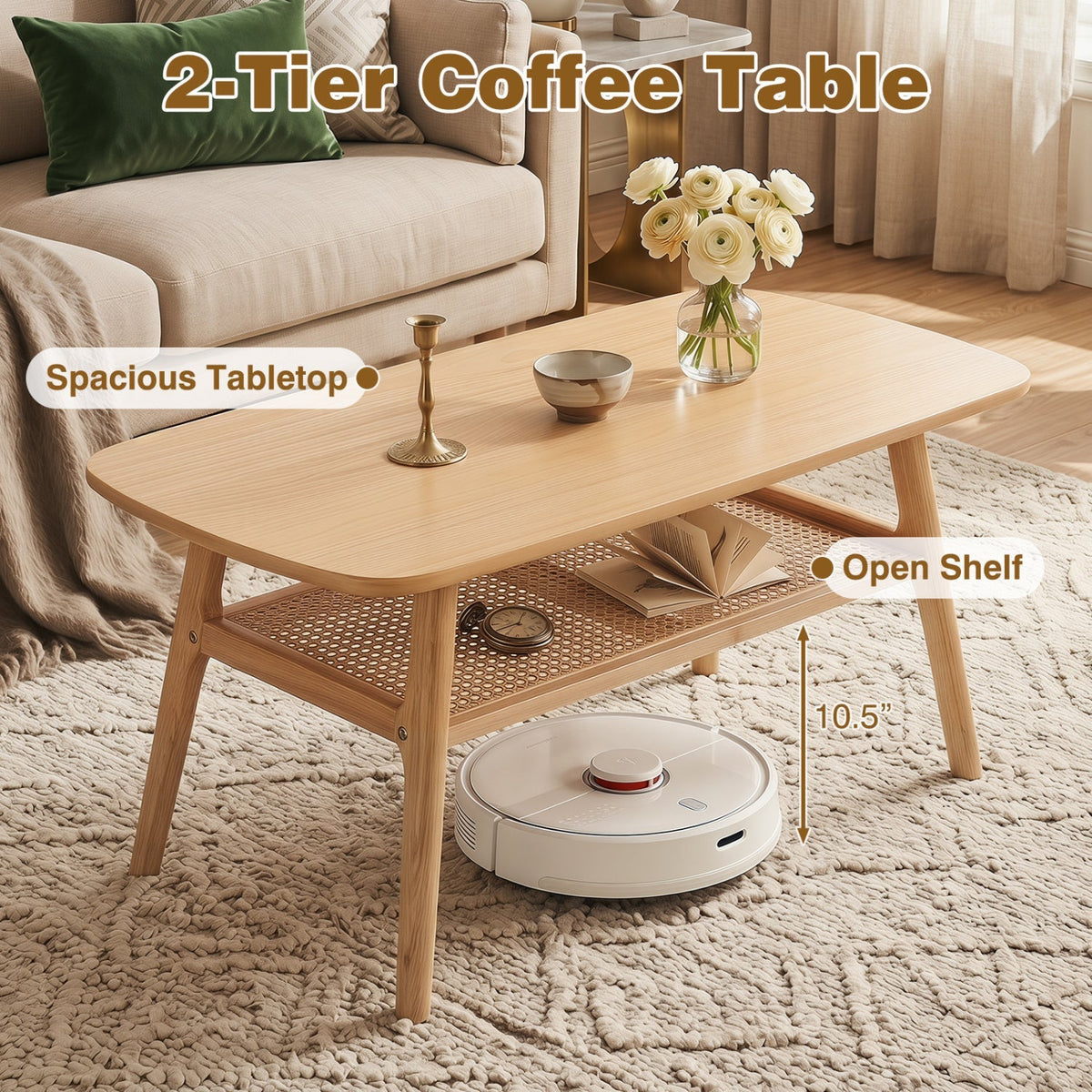 2-Tier Rattan Coffee Table with Rounded Corners
