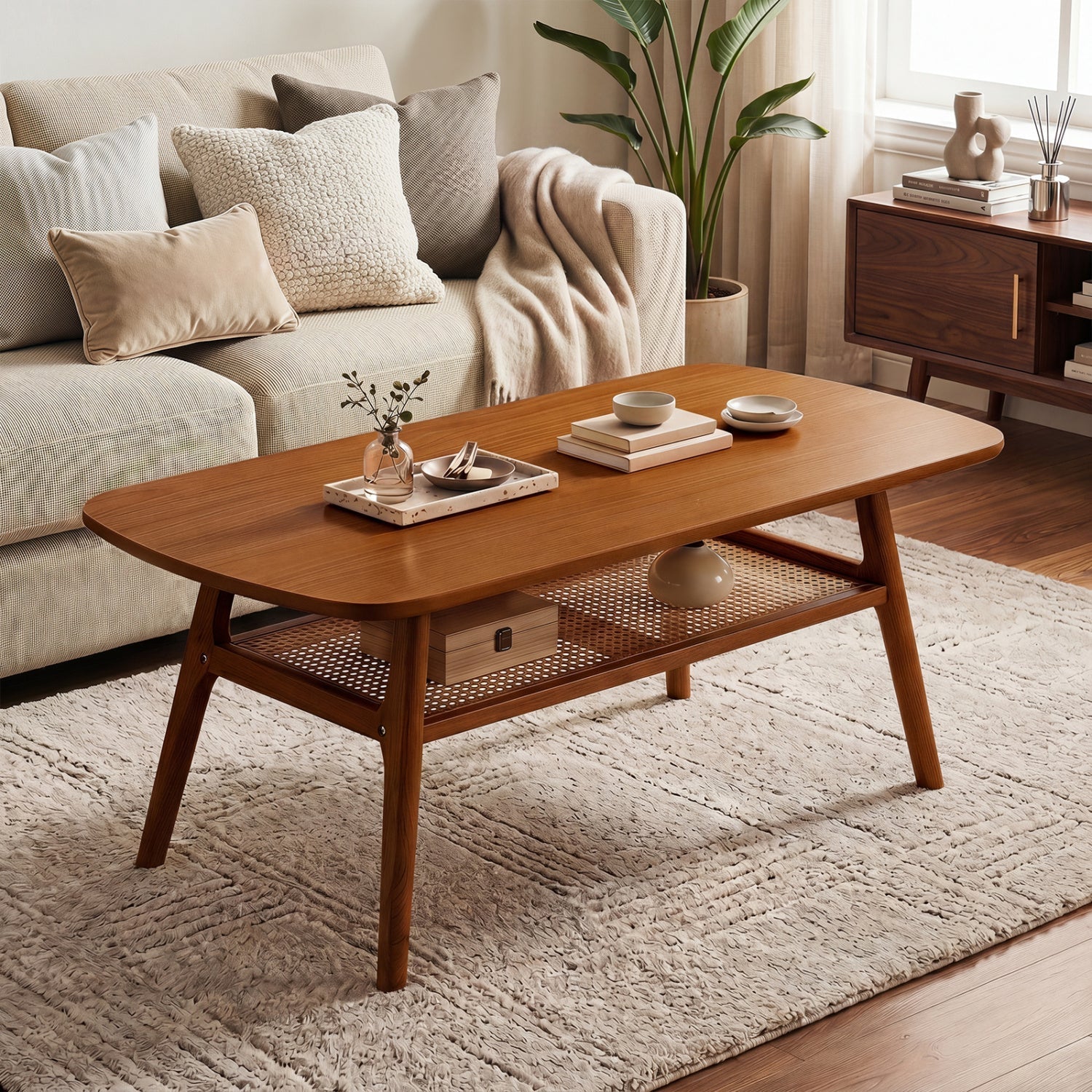 2-Tier Rattan Coffee Table with Rounded Corners