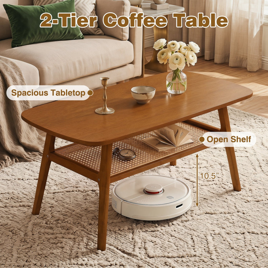 2-Tier Rattan Coffee Table with Rounded Corners