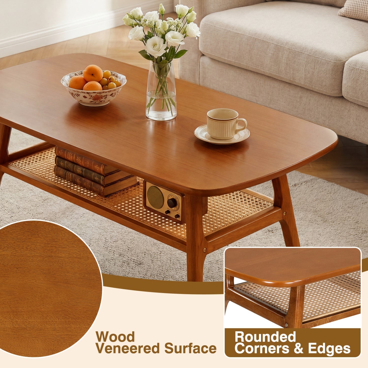 2-Tier Rattan Coffee Table with Rounded Corners