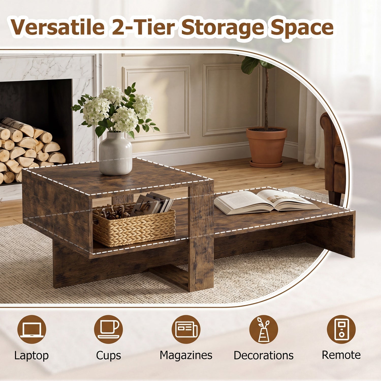 2-Tier Coffee Table with Open Storage Shelf
