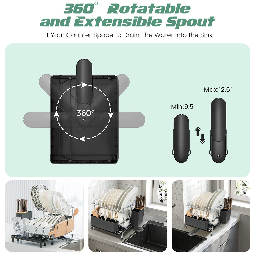 2-Tier Detachable Dish Rack with Drainboard and 360¬∞ Swivel Spout