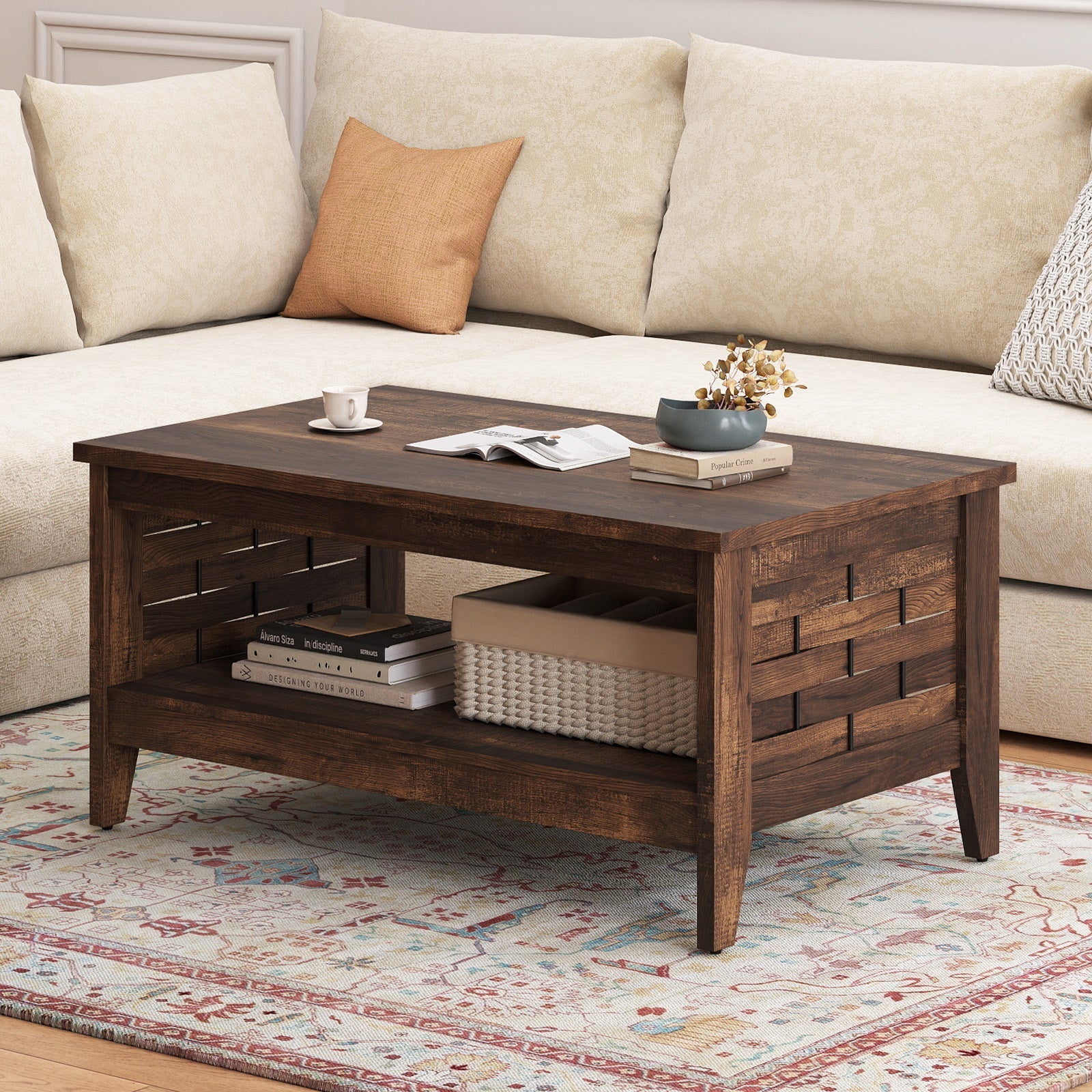 2-Tier Farmhouse Coffee Table with Open Shelf and Woven Decorations for Living Room
