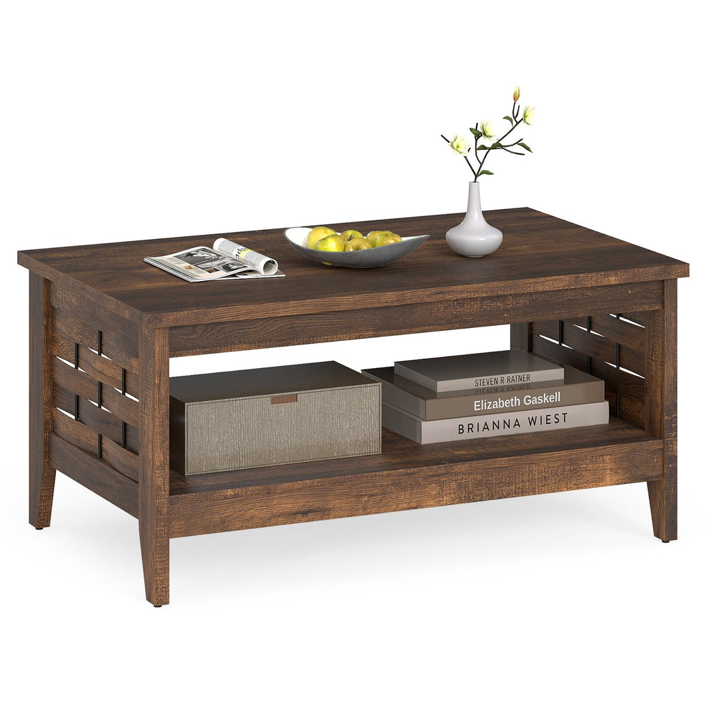 2-Tier Farmhouse Coffee Table with Open Shelf and Woven Decorations for Living Room