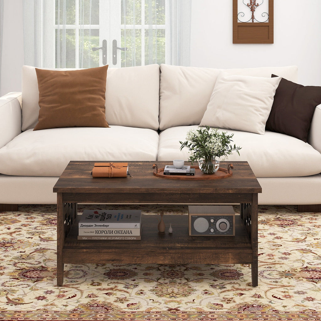 2-Tier Farmhouse Coffee Table with Open Shelf and Woven Decorations for Living Room