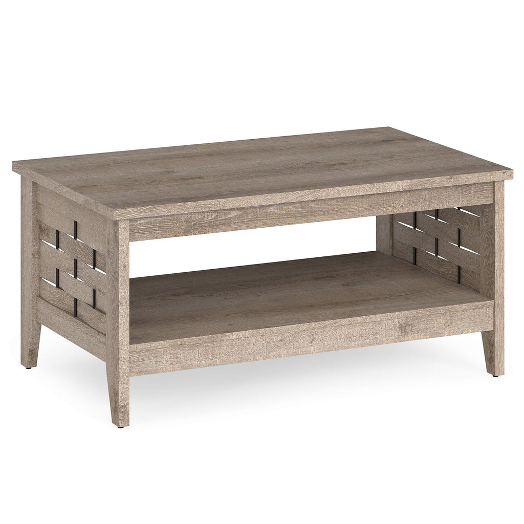 2-Tier Farmhouse Coffee Table with Open Shelf and Woven Decorations for Living Room